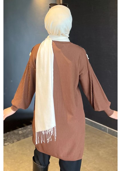 Kahve Dantel Detaylı Fırfırlı Tesettür Triko Tunik P-00009191 fırsatları