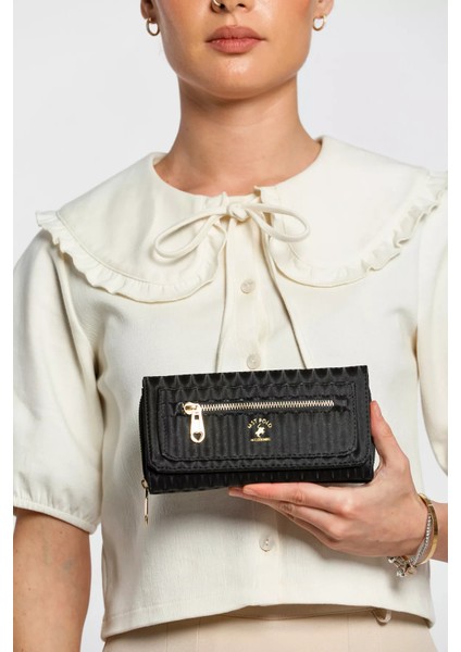 Siyah Çok Bölmeli Kullanışlı Kendinden Çizgi Desenli Kadın Cüzdan P-00009369