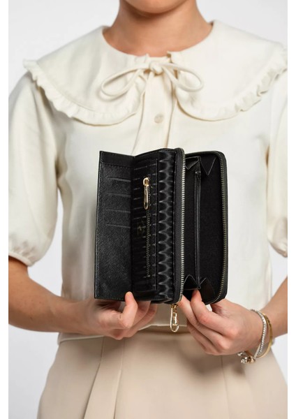 Siyah Çok Bölmeli Kullanışlı Kendinden Çizgi Desenli Kadın Cüzdan P-00009369 fiyatları