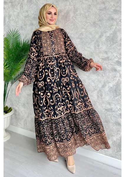Camel Yarım Düğmeli Astarlı Desenli Şifon Elbise P-00009397
