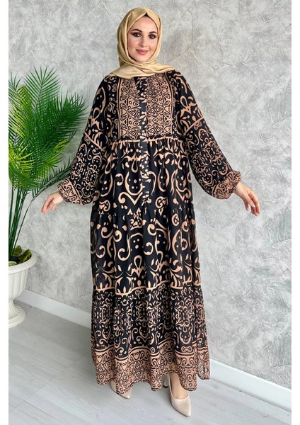 Camel Yarım Düğmeli Astarlı Desenli Şifon Elbise P-00009397 fiyatları