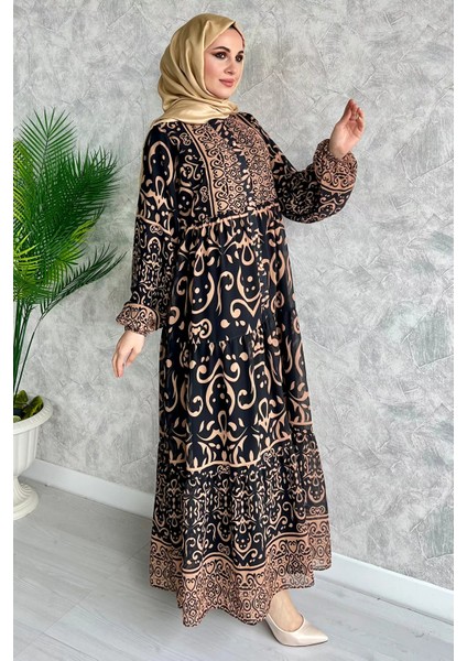 Camel Yarım Düğmeli Astarlı Desenli Şifon Elbise P-00009397 modelleri