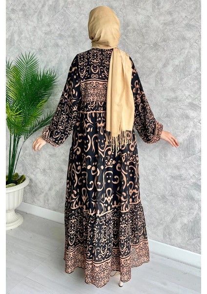 Camel Yarım Düğmeli Astarlı Desenli Şifon Elbise P-00009397 fırsatları
