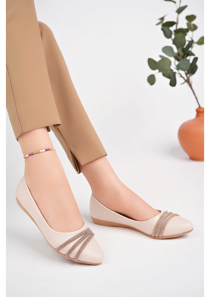 BA04253 Ten Kadın 3 Taşlı Günlük Büyük Numara Babet Ayakkabı - Krem - 37