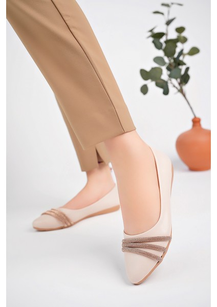 BA04253 Ten Kadın 3 Taşlı Günlük Büyük Numara Babet Ayakkabı - Krem - 37 fiyatları