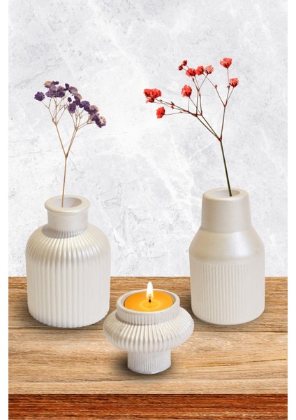 Dekoratif Beyaz Renkli Tealight Mumluk Modern Vazo 3'lü Set