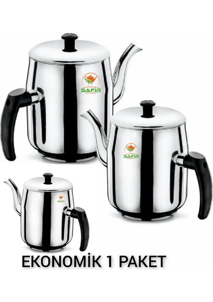 Bakalit Sap Kahveci Demlik No 3 , Çay Kazanı Çelik Kahveci Demliği 3 Adet A++ Safir Çay Kazanları