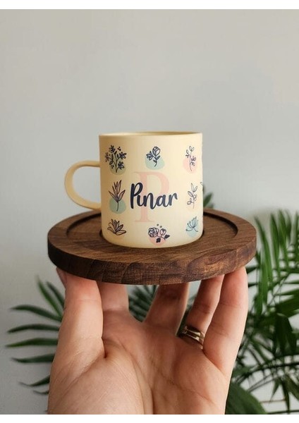 Isme Özel Kişiye Özel Buzlu Cam Bej Yaprak Desenli Kahve Fincanı