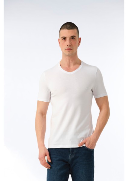 Erkek Pamuklu Süprem Penye Kısa Kollu V-Yaka Günlük Likralı Tişört - 1058