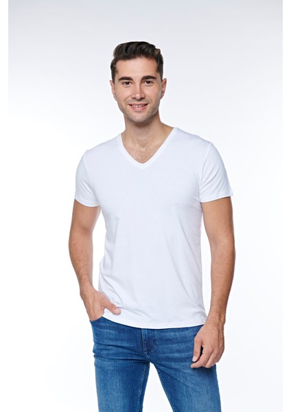 Erkek Pamuklu Süprem Penye Kısa Kollu V-Yaka Günlük Likralı Tişört - 1058 fiyatları