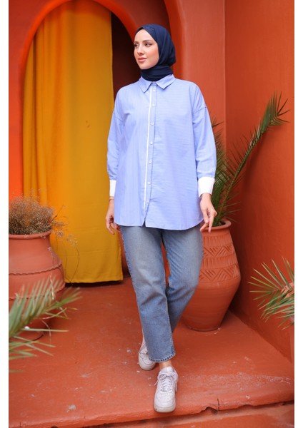 Mavi Çizgili Salaş Gömlek