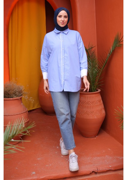 Mavi Çizgili Salaş Gömlek fiyatları