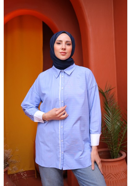 Mavi Çizgili Salaş Gömlek modelleri