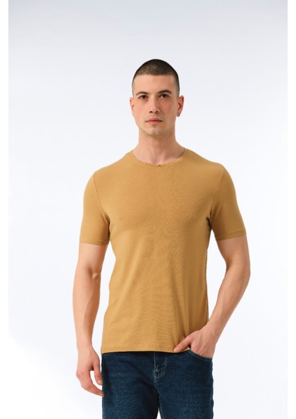 Erkek Pamuklu Süprem Penye Kısa Kollu Sıfır Yaka Günlük Likralı Tişört Buzlu Kahve - 1057