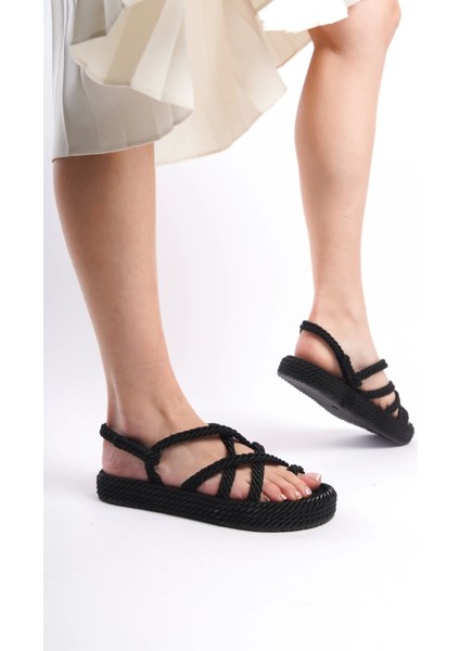 Milena Kauçuk Tabanlı Kadın Halat Siyah Sandalet