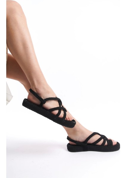 Milena Kauçuk Tabanlı Kadın Halat Siyah Sandalet modelleri