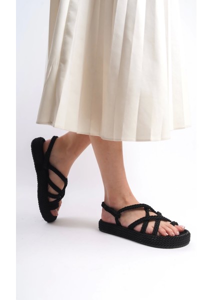 Milena Kauçuk Tabanlı Kadın Halat Siyah Sandalet fırsatları
