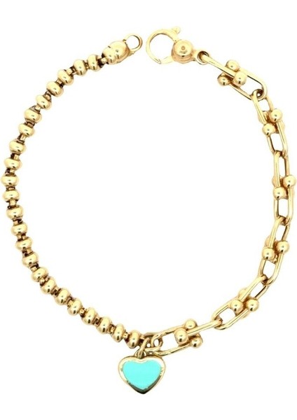 Mine Sallantılı Kalp Figür Farklı Zincir Yeşil Altın Bileklik modelleri