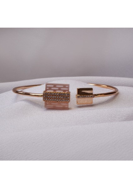 Pink Quartz Zirkon Taşlı Rose Altın Kelepçe Bileklik