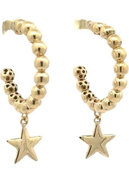 Sallantılı Yıldız Detaylı Tırtıklı Yarım Halka Altın Küpe modelleri