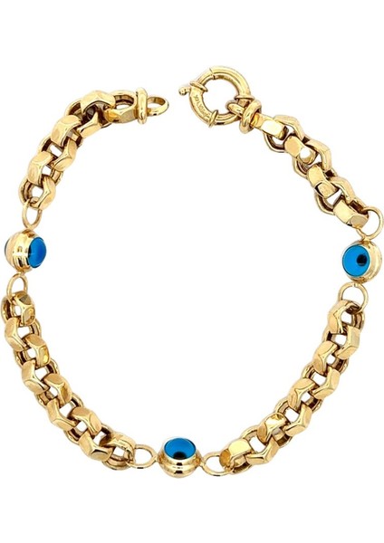 Köşeli Zincir Orta Kalınlıkta Üç Nazar Boncuklu Yeşil Altın Bileklik fiyatları