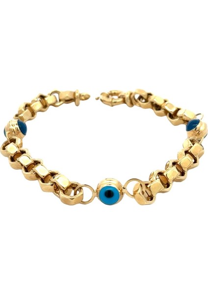 Köşeli Zincir Orta Kalınlıkta Üç Nazar Boncuklu Yeşil Altın Bileklik modelleri