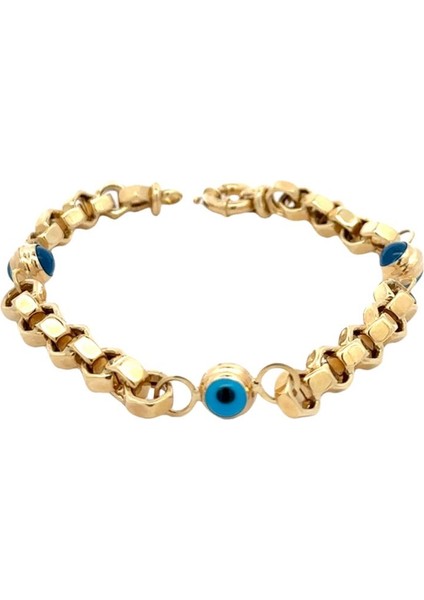 Köşeli Zincir Orta Kalınlıkta Üç Nazar Boncuklu Yeşil Altın Bileklik fırsatları