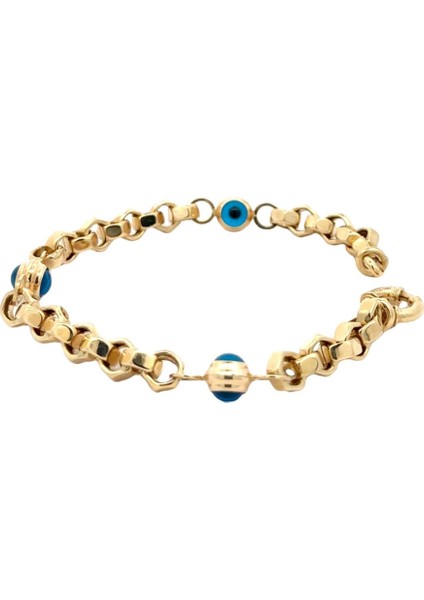 Köşeli Zincir Orta Kalınlıkta Üç Nazar Boncuklu Yeşil Altın Bileklik indirimleri