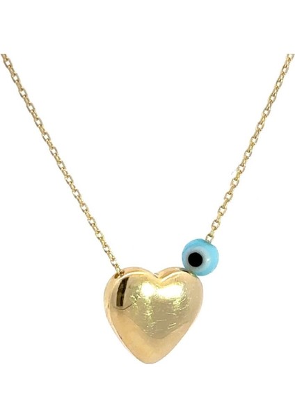 Kabartma Kalp Figürlü Nazar Boncuk Detaylı Altın Kolye