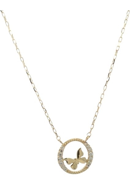 Zirkon Taşlı Daire Içi Kelebek Figürlü Altın Kolye