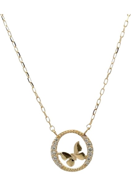 Zirkon Taşlı Daire Içi Kelebek Figürlü Altın Kolye fiyatları