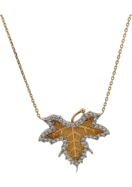 Zirkon Taş Detaylı Yaprak Figürlü Altın Kolye