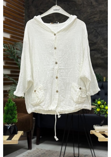 Kapşonu ve Yanı File Garnili Keten Hırka