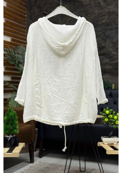 Kapşonu ve Yanı File Garnili Keten Hırka fiyatları