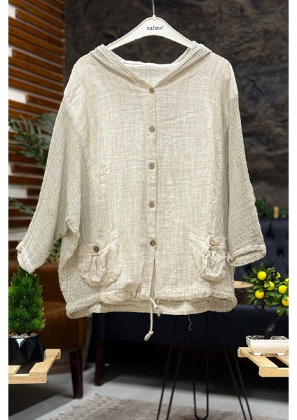 Kapşonu ve Yanı File Garnili Keten Hırka