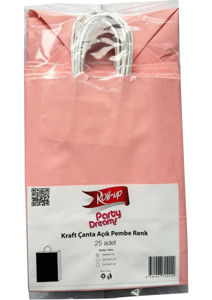Büküm Saplı Kraft Kağıt Çanta Karton Hediyelik Poşet Torba - Pembe - 18X24 Cm. -25 Adetlik 4 Paket
