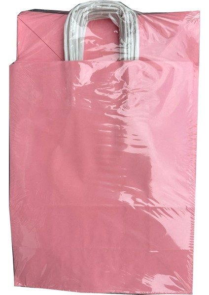 Büküm Saplı Kraft Kağıt Çanta Karton Hediyelik Poşet Torba - Pembe - 18X24 Cm. -25 Adetlik 4 Paket