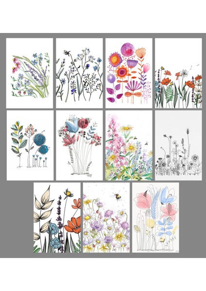 Çizim Çiçekler Temalı Kartpostal Seti (10X15 cm 11 Adet)