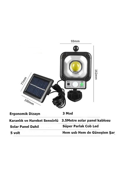 Hareket Sensörlü JX-966 Güneş Enerjili Solar Aydınlatma Veranda-Bahçe-Çardak Kablolu Mercek Ledli Aydınlatma