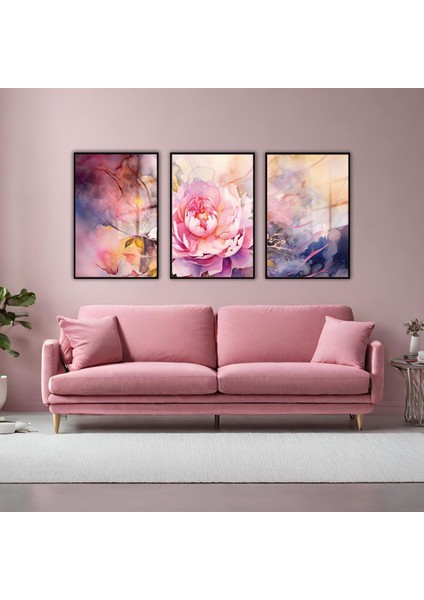 3lü Metal Çerçeveli Cam Tablo Seti Pembe Çiçek Tasarımı