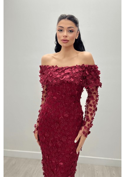 Üç Boyut Çiçekli Kumaş Kayık Yaka Kalem Elbise - Bordo fiyatları