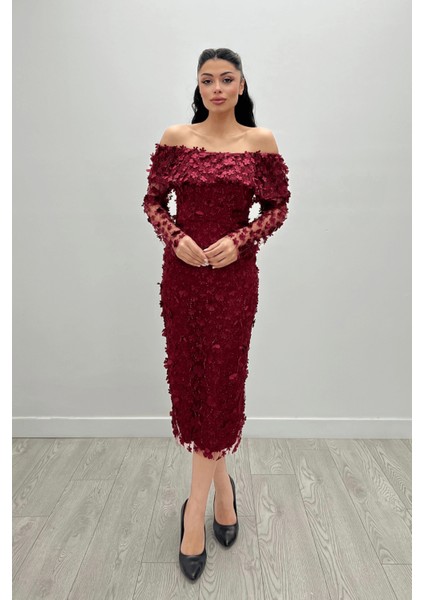 Üç Boyut Çiçekli Kumaş Kayık Yaka Kalem Elbise - Bordo modelleri