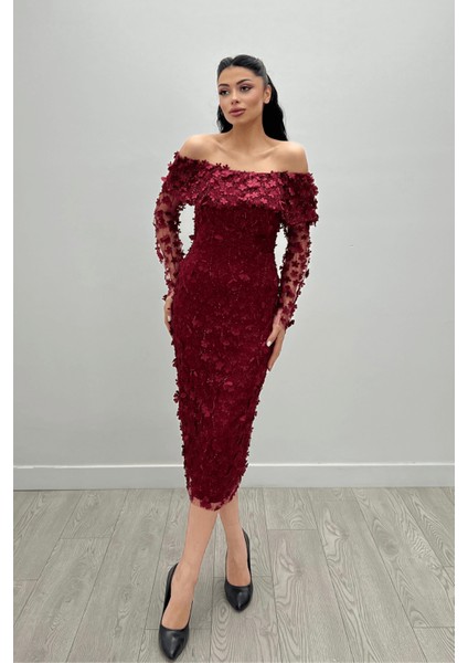 Üç Boyut Çiçekli Kumaş Kayık Yaka Kalem Elbise - Bordo fırsatları