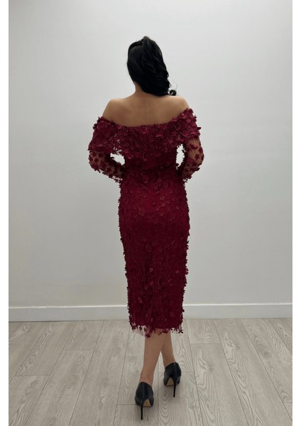 Üç Boyut Çiçekli Kumaş Kayık Yaka Kalem Elbise - Bordo indirimleri