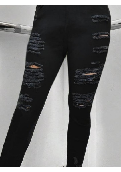 Kadın Yüksek Bel Slim Fit Lazer Kesim Yırtık Detaylı Kot Pantolon Jean