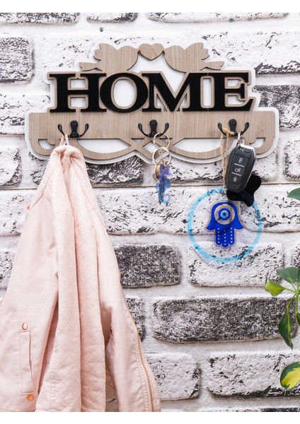 Deep Creative Duvar Askılığı 4 Askılı Doğal Ahşap Uv Baskılı Ahşap Siyah Home