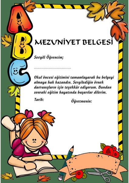 Okul Öncesi Için Mezuniyet Belgesi(A5-24 Adet)