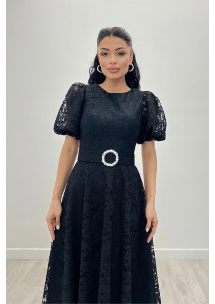 Dantel Kumaş Kolları Balon Kol Maxi Elbise - Siyah