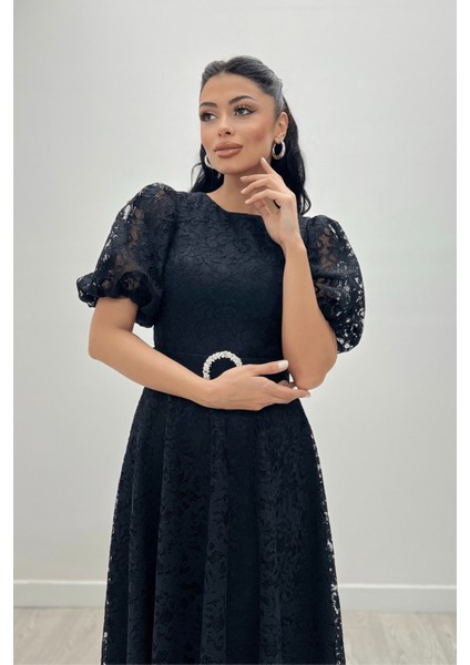 Dantel Kumaş Kolları Balon Kol Maxi Elbise - Siyah fiyatları