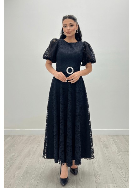 Dantel Kumaş Kolları Balon Kol Maxi Elbise - Siyah modelleri